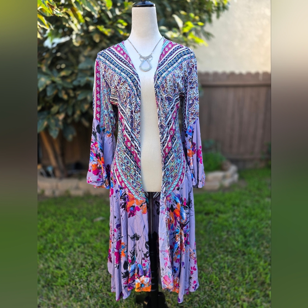 Umgee Bohemian Floral Long Kimono Duster Size Small 100% Rayon